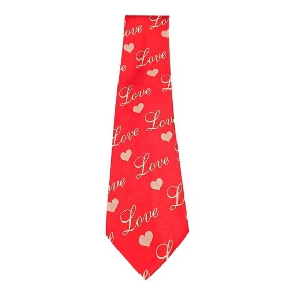 MEN'S  RED NECKTIE WITH A REPEATING PATTERN OF THE WORD "LOVE" & HEARTS IN WHITE - Picture 1 of 4